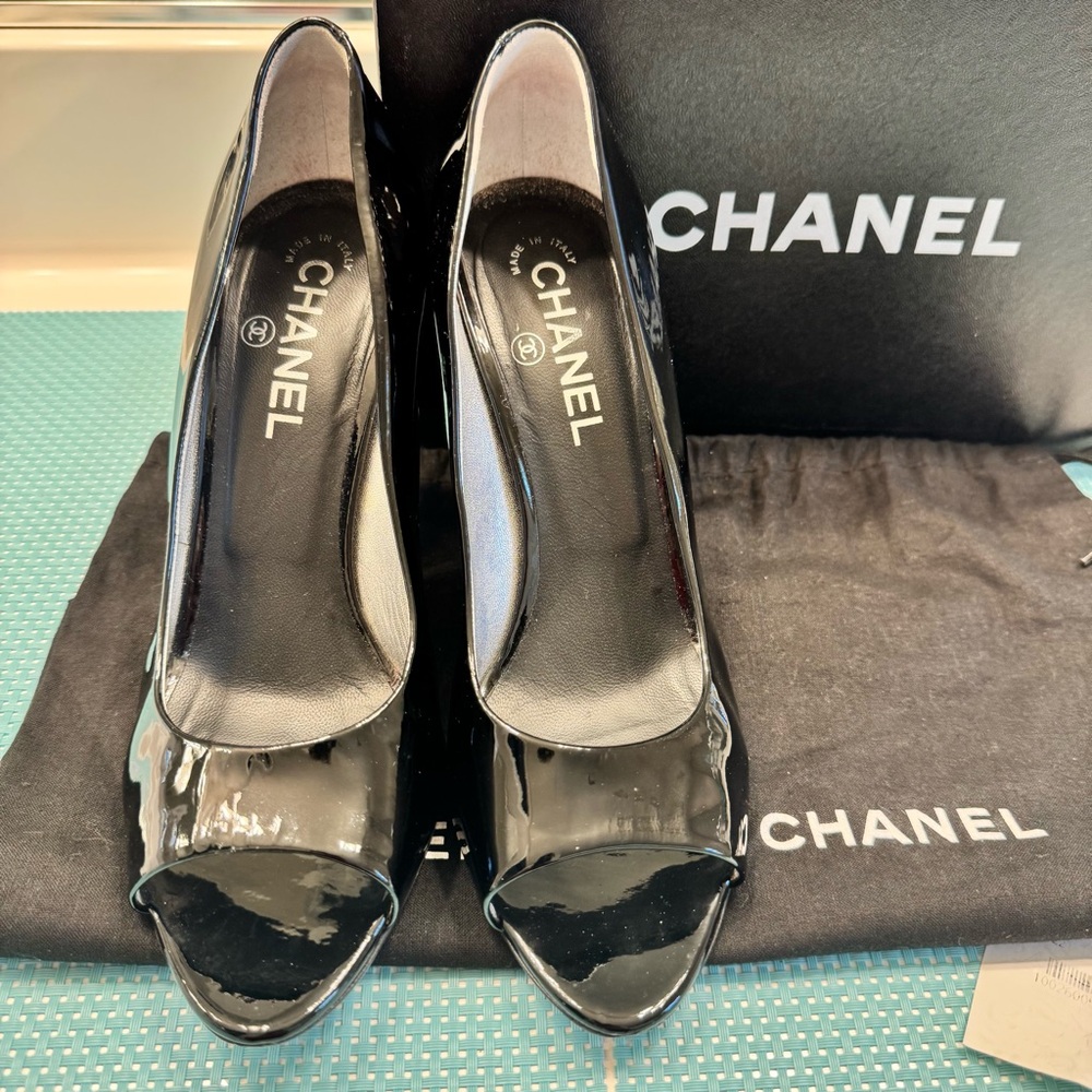 Authentic CHANEL Black patent peep toeHeels with silver like new box/ receipt - Picture 2 of 16